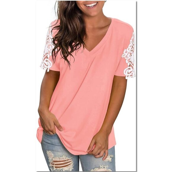 NWT Short Sleeve Decorative T-Shirt  with Lace Applique Sleeves - Picture 1 of 7